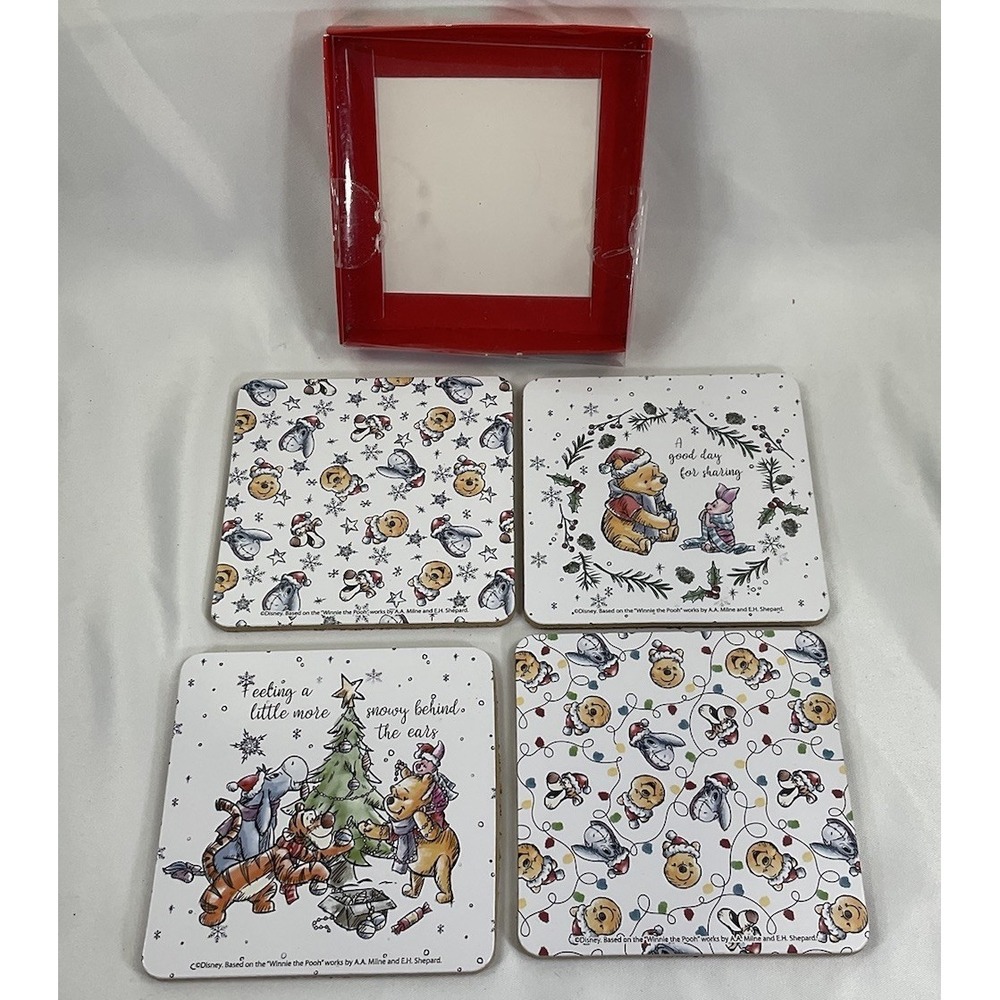 Disney Winnie the Pooh & Friends Christmas Square Drink Coasters Set of 4 Cork